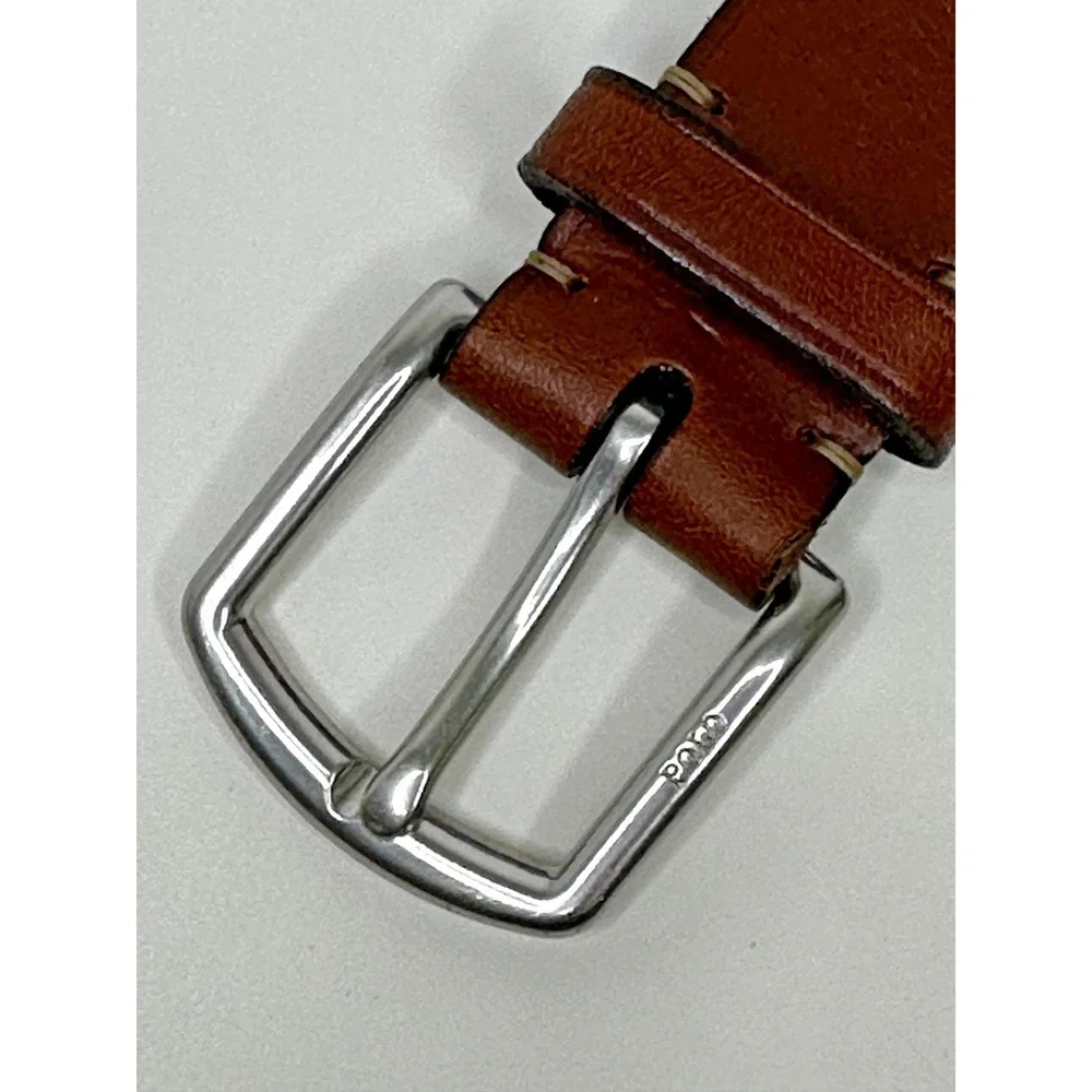 Polo Ralph Lauren Belt Sz 36 Blue White Striped Brown Leather Horse Preppy